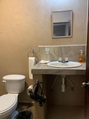 a bathroom with a sink and a toilet and a mirror at Bungalows Victoria in La Manzanilla