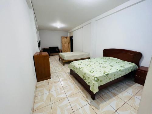 een slaapkamer met een bed en een stoel erin bij La casa de Elena in Tingo María
