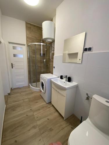 a bathroom with a shower and a toilet and a sink at DOMAX in Legnica