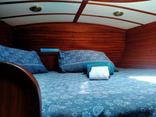 a bedroom on a boat with a bed and a pillow at Barca a Vela Principessa in Porto Carollo