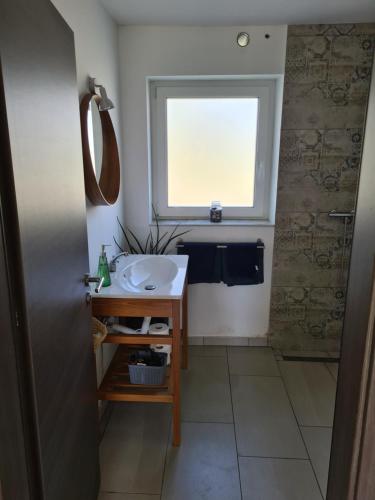 uma casa de banho com um lavatório e uma janela em Rooms and apartments Vili em Ptuj