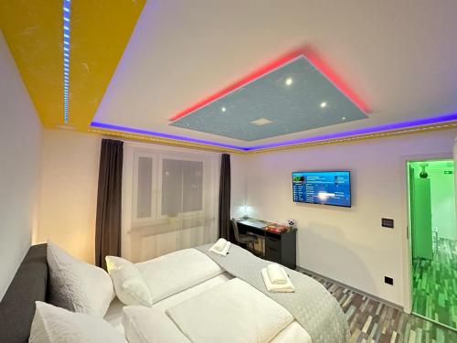um quarto com uma cama e uma televisão no tecto em Modern Apartments Neuburg 4 - TOP NEU - 2 Zimmer, Komfort, Balkon, Wi-Fi, Smart TV, Große Dusche, Küche em Neuburg an der Donau