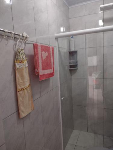 La salle de bains est pourvue d'une douche avec une porte en verre. dans l'établissement Kitnet Praia de Ubatuba, à São Francisco do Sul