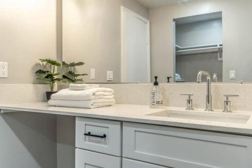 a bathroom counter with a sink and a mirror at Roomy Urban Apartment Montrose! Free Parking #8 in Houston