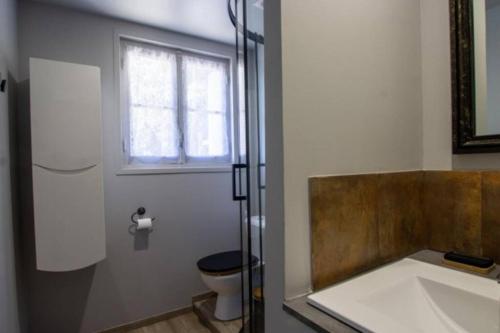 baño con aseo y lavabo y ventana en Gîte Chez Pierrot - La vallée des châteaux, en La Roque-Gageac