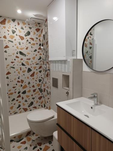 ein Bad mit einem WC, einem Waschbecken und einer Dusche in der Unterkunft Serenity Indepedent Suite near to Disneyland & Paris in Bussy-Saint-Georges