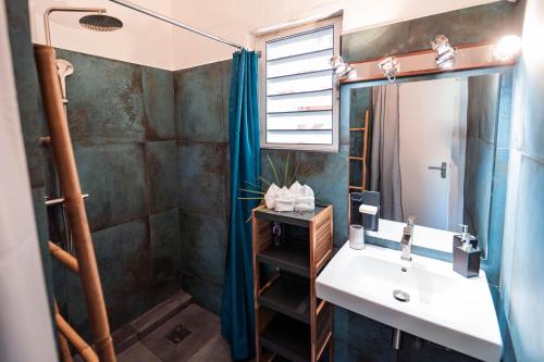 W łazience znajduje się umywalka i prysznic. w obiekcie La Petite Caravelle Guadeloupe w mieście Sainte-Anne