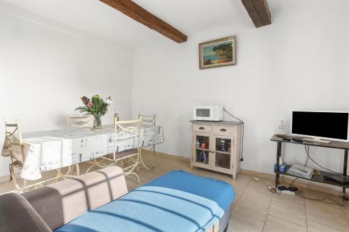 a living room with a couch and a tv at Gite Paul in Roquebrune-sur-Argens