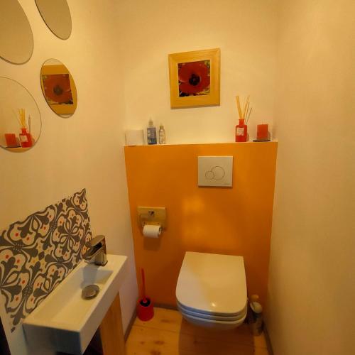 a small bathroom with a toilet and a sink at Le Mas du Coquelicot in Dions