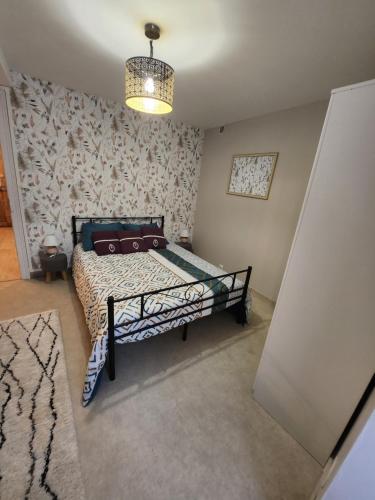 a bedroom with a bed and a chandelier at Le p'tit gîte d'Edmé in Montbard