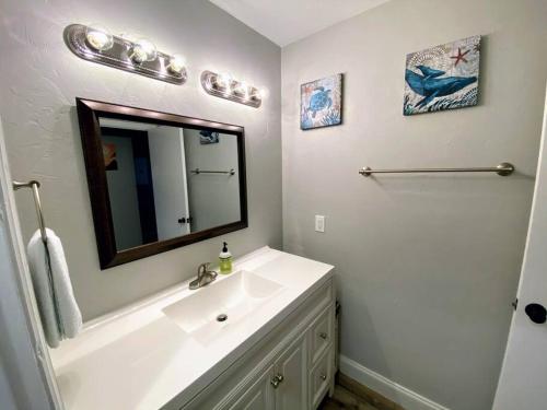 a bathroom with a white sink and a mirror at Cute downtown home by Depot Park in Gainesville