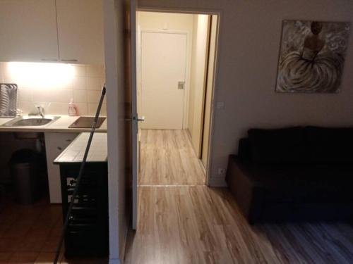 a kitchen with a hallway leading to a living room with a kitchen at Studio Cosy avec terrasse face au parc des expositions in Vanves