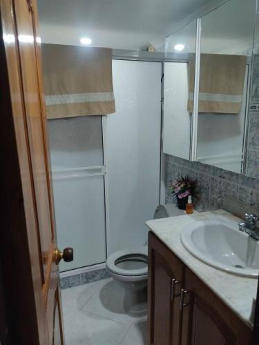 a bathroom with a toilet and a sink and a shower at La Pamela in Medellín