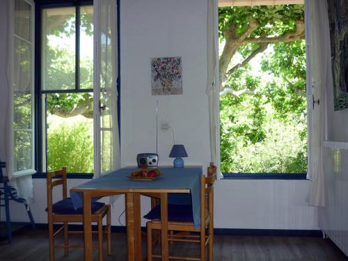 a table and chairs in a room with windows at Mas De La Pomme De Pin in Noves