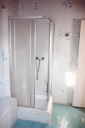 une cabine de douche dans une salle de bains avec une araignée sur le mur dans l'établissement Mas De La Pomme De Pin, à Noves