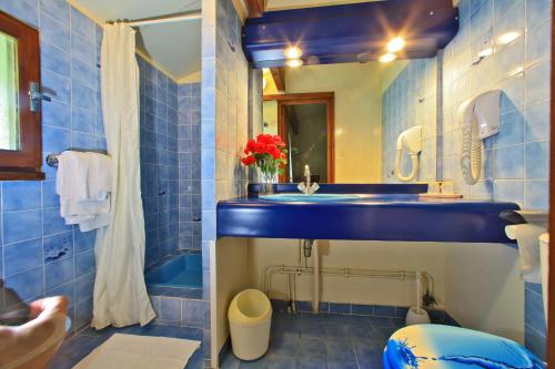 a blue bathroom with a sink and a mirror at Le Clos Grand in Pradines