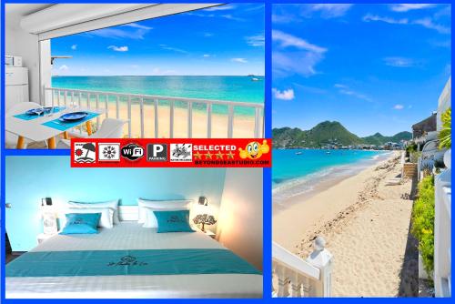 un collage de photos d'une plage et d'une chambre dans l'établissement Beyond Seas Studio, à Grand-Case