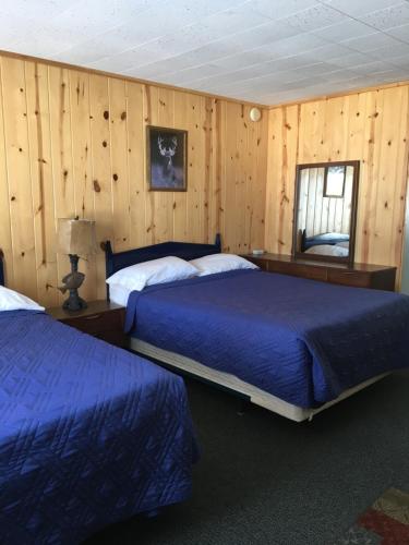 two beds in a room with wooden walls at Dixon Lake Resort Motel in Gaylord