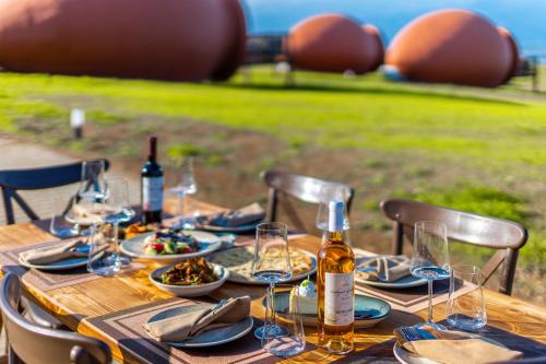 Hotel Qvevrebi في تيلافي: طاولة خشبية مع لوحات من الطعام وكؤوس النبيذ