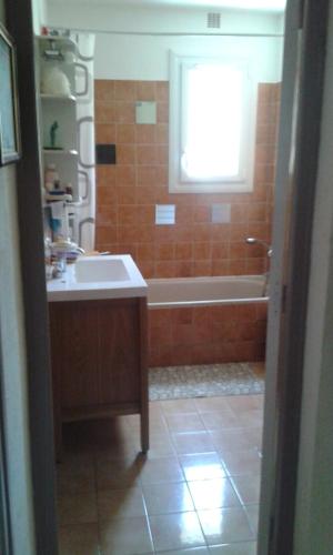 une salle de bain avec une baignoire, un lavabo et une fenêtre dans l'établissement La Figounette du Soleil, à Le Revest-le-Eaux