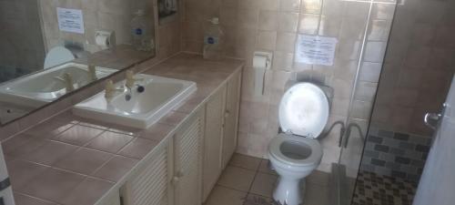 a bathroom with a white toilet and a sink at Neptune corner cottage 10 in Hibberdene