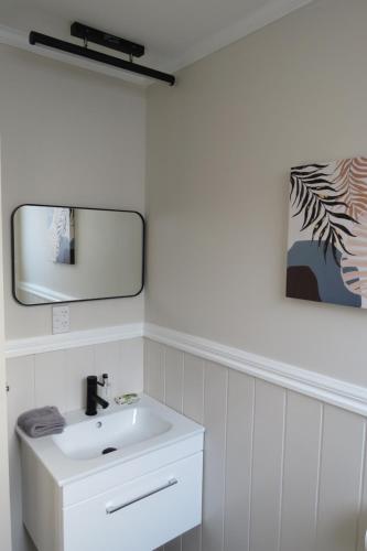a bathroom with a white sink and a mirror at Two Palms in Gisborne