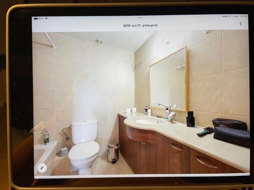 a bathroom with a toilet and a sink and a mirror at Luxury apartment on the beach in Herzelia 