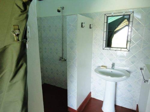 a bathroom with a sink and a mirror at Bwana Tembo Safari Camp in Paraa