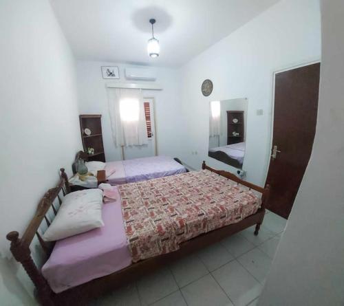 een slaapkamer met 2 bedden en een spiegel bij Arsinoe Guest House in Famagusta