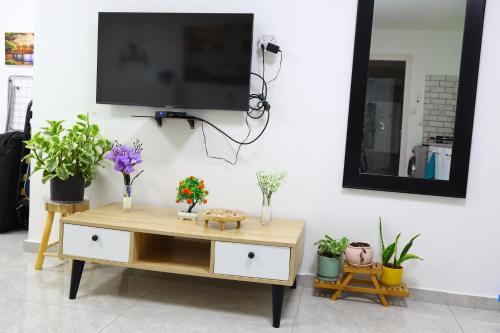 a living room with a tv on a wall with plants at דירת יהלום חדשה ומודרנית 5 דקות נסיעה מהים in Ashqelon