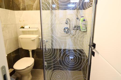 a bathroom with a toilet and a glass shower door at דירת יהלום חדשה ומודרנית 5 דקות נסיעה מהים in Ashqelon
