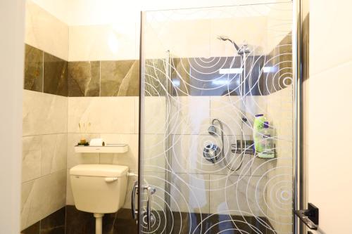 a bathroom with a toilet and a shower at דירת יהלום חדשה ומודרנית 5 דקות נסיעה מהים in Ashqelon