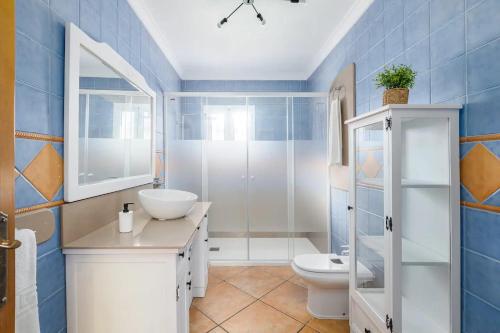Baño azul con aseo y lavamanos en Country House Zambrana en Cártama