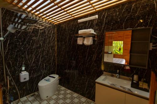 uma casa de banho com um WC, um lavatório e um espelho. em O'chau Homestay Sapa em Lao Cai
