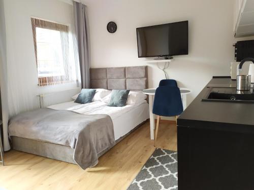 a bedroom with a bed and a desk and a tv at Gracja Przy Plaży in Rogowo