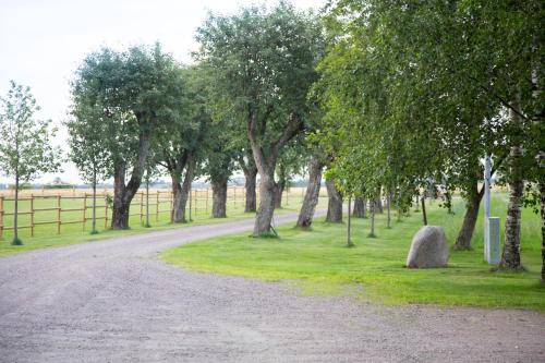 uma estrada de cascalho num campo com árvores e uma cerca em Ängagården - Gårdshuset em Våxtorp