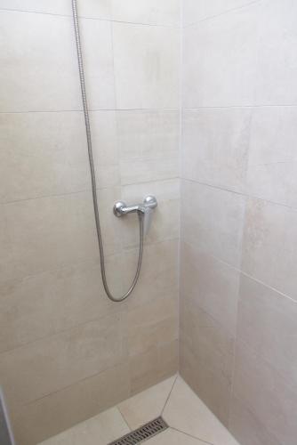 a shower with a hose in a shower stall at Silver Dream Apartmanház in Debrecen