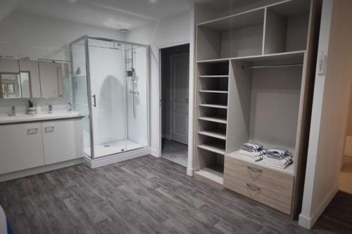 y baño grande con ducha, lavamanos y ducha. en Grand Gîte - Le Saint-Chrirtophe, en Châteauroux