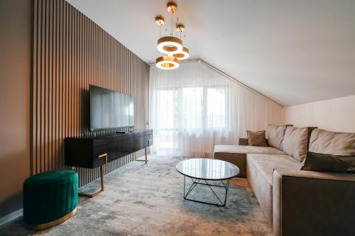 a living room with a couch and a tv at Садиба на Кодимі in Archipitovka