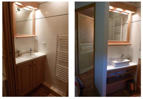 Duas fotografias de uma casa de banho com um lavatório e um espelho. em Appartement chaleureux, 8 personnes, 3 chambres - COEUR12 em Beaufort