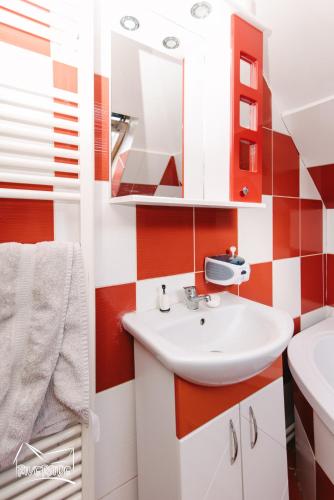 a bathroom with a sink and a mirror at Riverside • cabine in Gălăuţaş