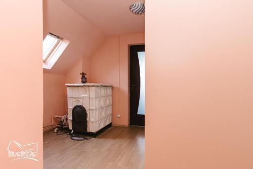 an attic room with a fireplace and a room with pink walls at Riverside • cabine in Gălăuţaş