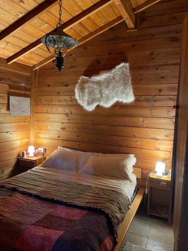 sypialnia z łóżkiem w drewnianej ścianie w obiekcie Etna Baite Milo w mieście Milo