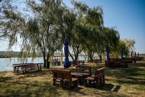 a group of benches and umbrellas next to a lake at Садиба на Кодимі in Archipitovka