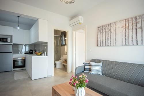 ein Wohnzimmer mit einem grauen Sofa und einer Küche in der Unterkunft Elounda Sunshine Place in Elounda