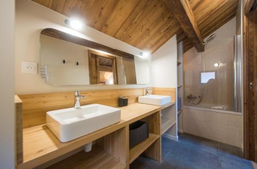 ein Bad mit einem Waschbecken, einem Spiegel und einer Dusche in der Unterkunft Le Refuge des Castorres - Chalet moderne in Les Orres