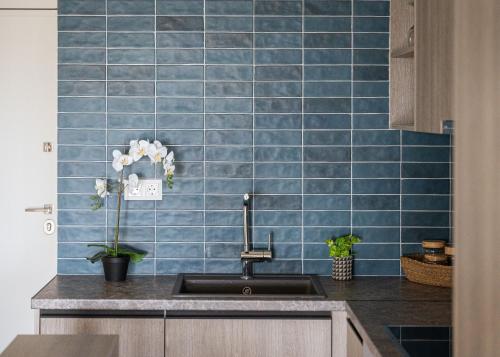 cocina con fregadero y pared de azulejos azules en Glyfada Unique Residence, en Atenas