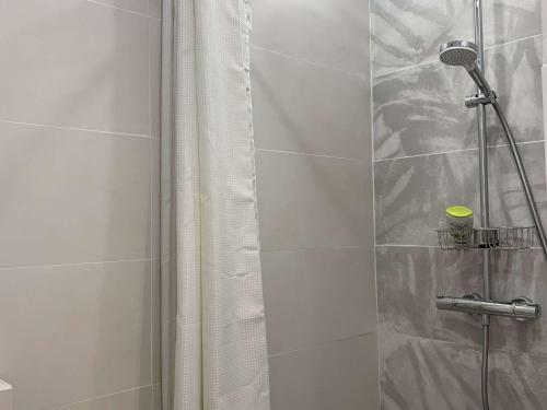una doccia con porta in vetro e tenda per la doccia di Studio Berck-Plage, 1 pièce, 2 personnes - FR-1-646-24 a Berck-sur-Mer