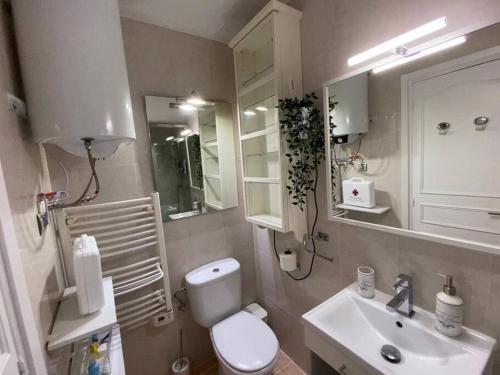 a bathroom with a white toilet and a sink at Flowers Family Home in Sopelana