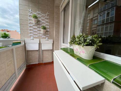 a balcony with two sinks and potted plants on it at Flowers Family Home in Sopelana